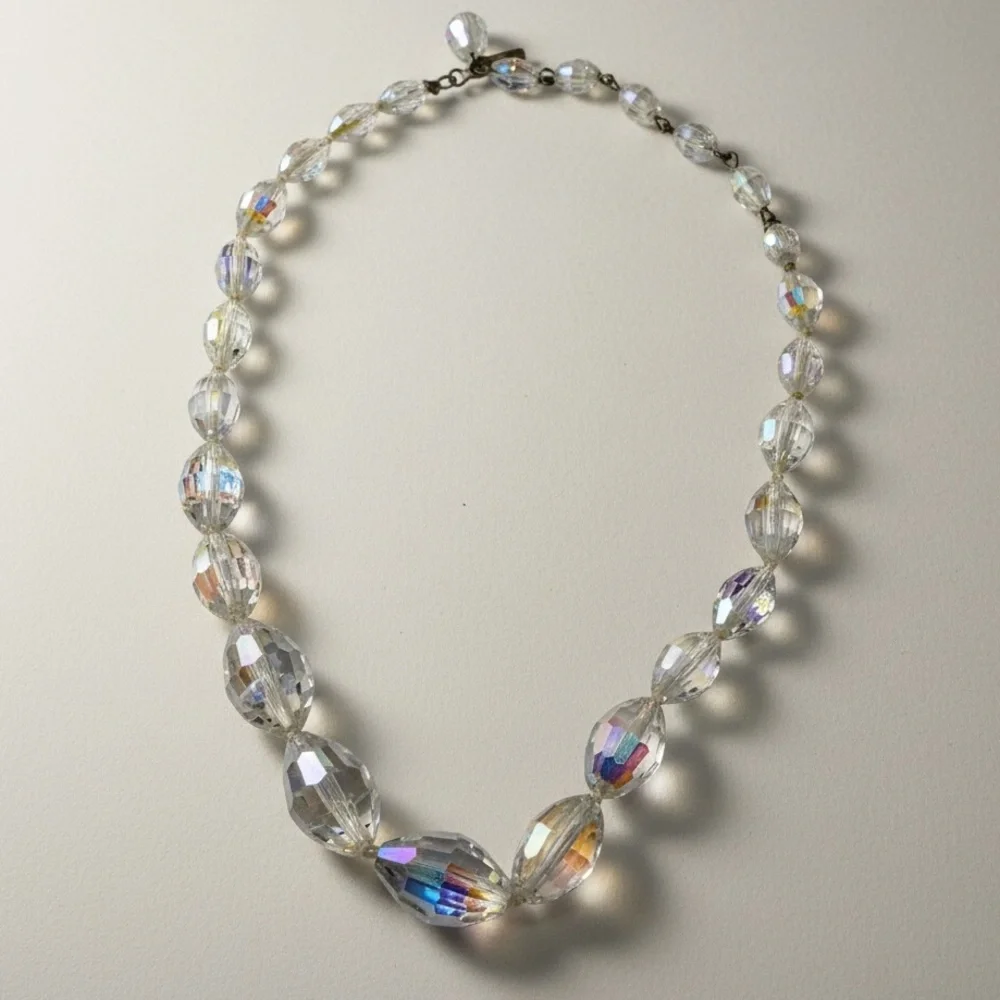 Vintage Laguna Aurora Borealis Crystal Bead Necklace Faceted AB Glass Graduated